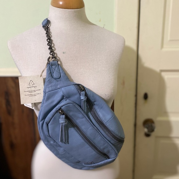 Sold Free People We The Free Distressed Leather Archer Sling Bag Light Blue NWT - Picture 2 of 15